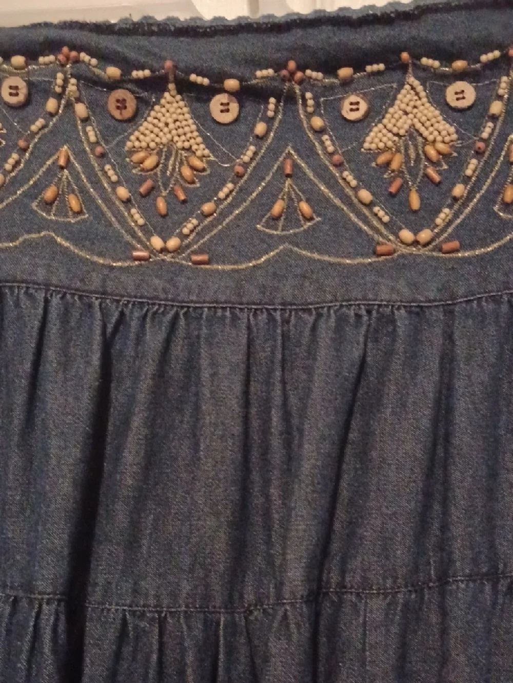 << Freestyle Blue Tiered Maxi Skirt with Embroidered Waistband Women's Size M - Picture 3 of 8